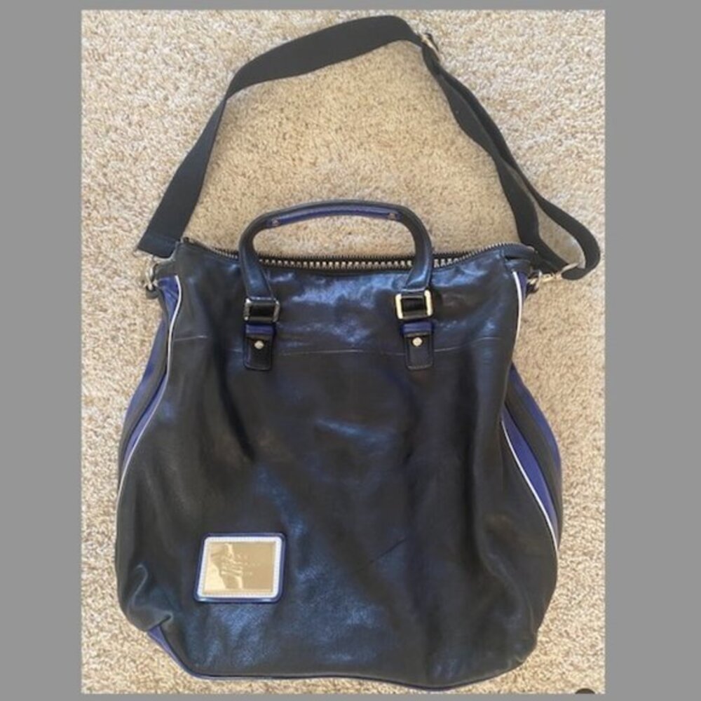 L.A.M.B. Black Leather Tote Bag with Blue/White Accents